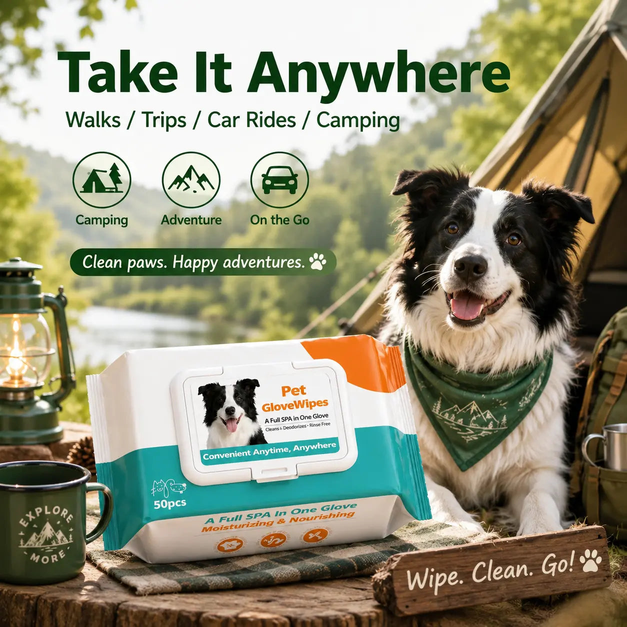50 Count Pet Grooming Wipes Value Pack, Extra Large Disposable Glove Wipes with Jojoba Oil, Hypoallergenic No-Rinse Deodorizing Wipes for Dogs, Mess-Free Paw Care, Dirt Removal & Outdoor Cleaning