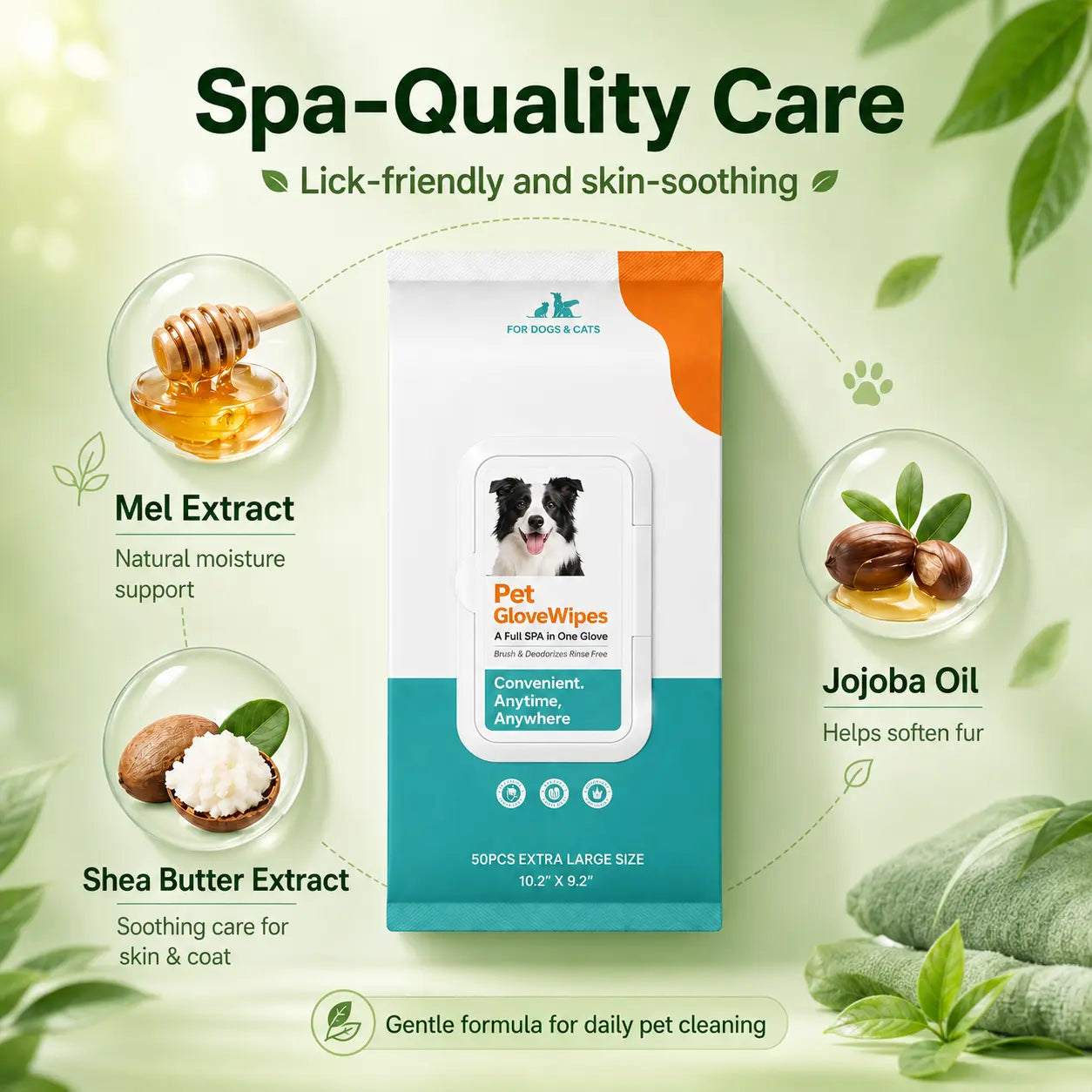 50 Count Pet Grooming Wipes Value Pack, Extra Large Disposable Glove Wipes with Jojoba Oil, Hypoallergenic No-Rinse Deodorizing Wipes for Dogs, Mess-Free Paw Care, Dirt Removal & Outdoor Cleaning