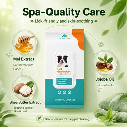 50 Count Pet Grooming Wipes Value Pack, Extra Large Disposable Glove Wipes with Jojoba Oil, Hypoallergenic No-Rinse Deodorizing Wipes for Dogs, Mess-Free Paw Care, Dirt Removal & Outdoor Cleaning