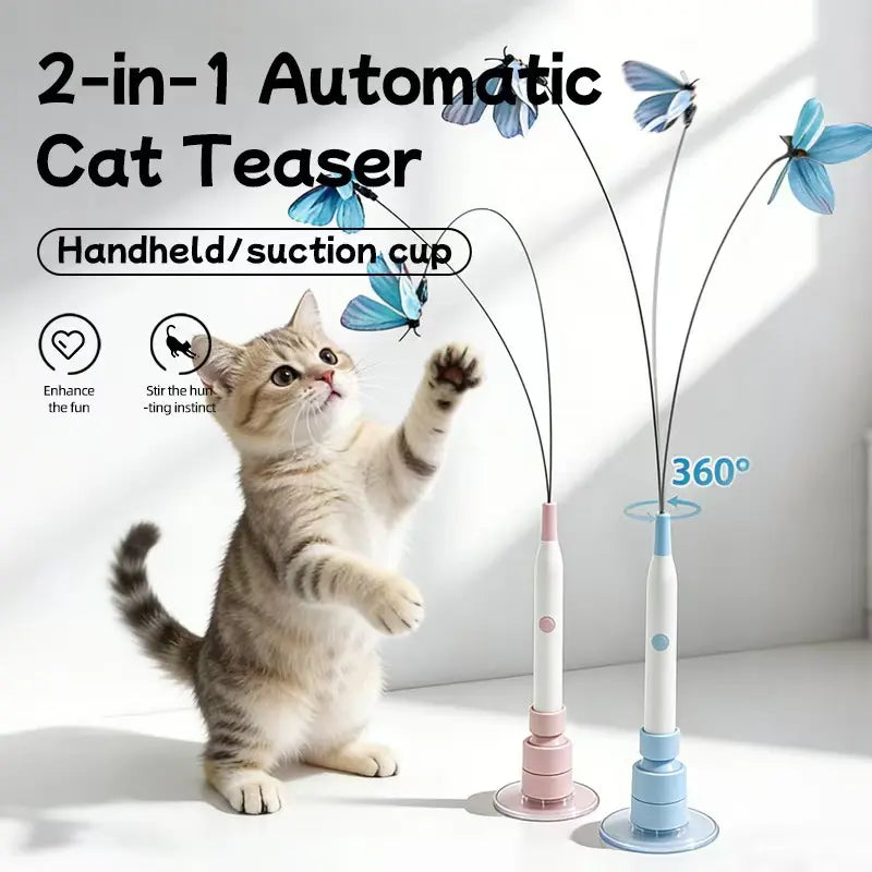 Rotating Butterfly Interactive Cat Toy - USB Rechargeable Automatic Teaser, 360° Spin, Random Movement, Steel Wire, Self-Play & Handheld Modes, Durable Suction Cup, Universal Fit, Interactive Toy for Kittens & Adult Cats
