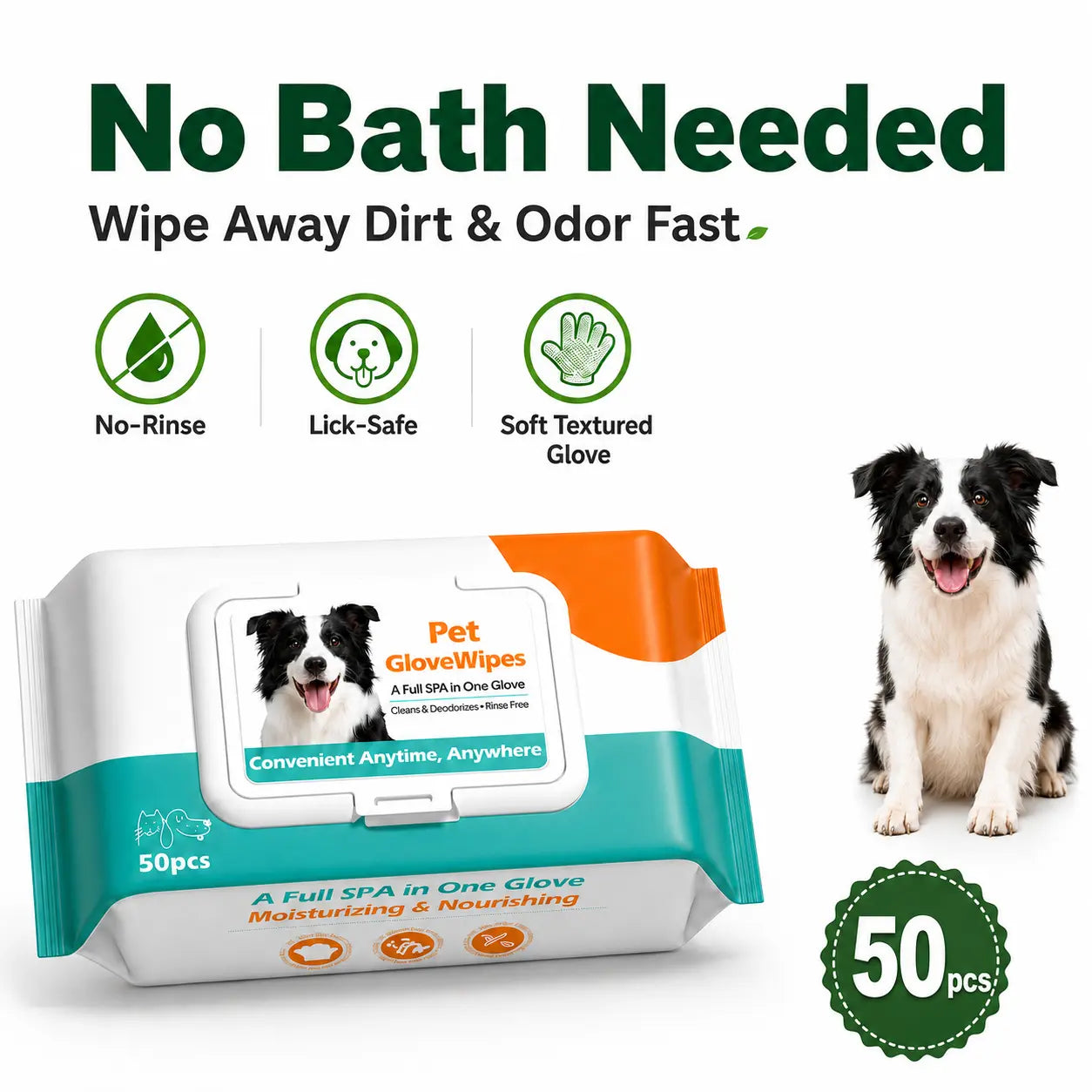 50 Count Pet Grooming Wipes Value Pack, Extra Large Disposable Glove Wipes with Jojoba Oil, Hypoallergenic No-Rinse Deodorizing Wipes for Dogs, Mess-Free Paw Care, Dirt Removal & Outdoor Cleaning