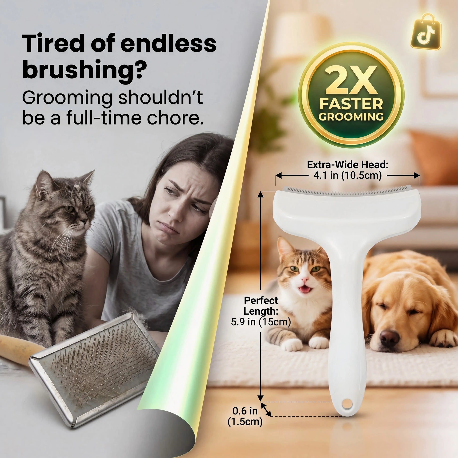 Professional Pet Deshedding Brush, Compact Undercoat Rake with Dense Teeth Structure for Long Hair Dogs & Cats, Fast Deshedding Reduction, Dematting & Clean Fur Grooming Tool, Long Hair Removal