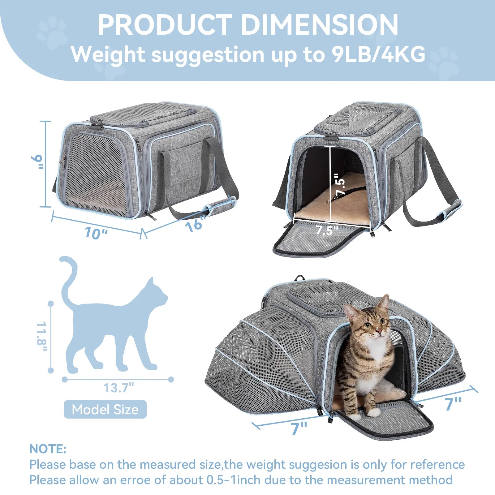 Petsfit Expandable Small Cat Carriers Dog Carrier, Airline Approved Soft-Sided Portable Washable Pet Travel Carrier with Two Extension up to 9LB