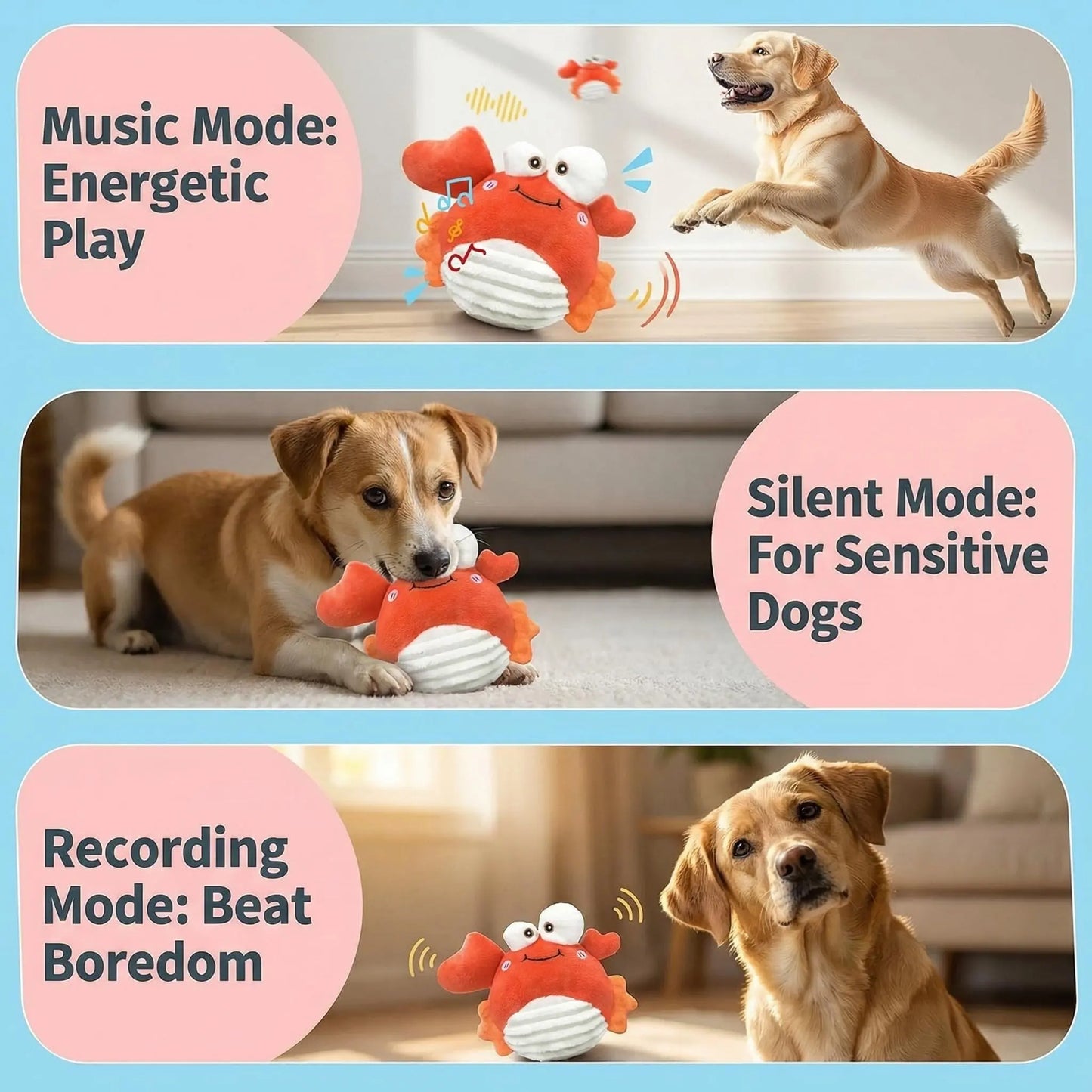GUKCO Crab Interactive Dog Toy – Rechargeable Self-Play Toy with Motion-Activated Ball, 3 Modes (Music/Silent/Record) for Small Medium Dogs, Reduces Separation Anxiety, Puppy Teething Toy