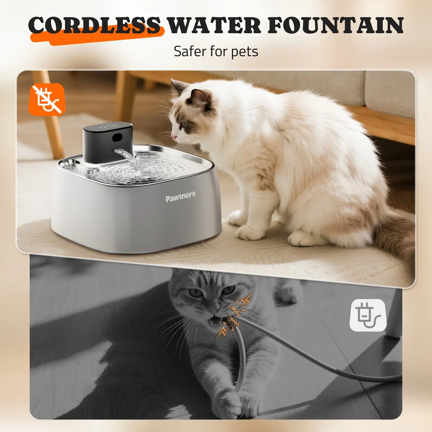 Pawtners 108Oz/3.2L Wireless Automatic Water Feeder for Cats & Dogs, Stainless Steel Windowless Safe Drink Dispenser with 150° Motion Sensor, Quiet Pump-Free Leakproof Drinking Water Bowl with Smart Indicator Light