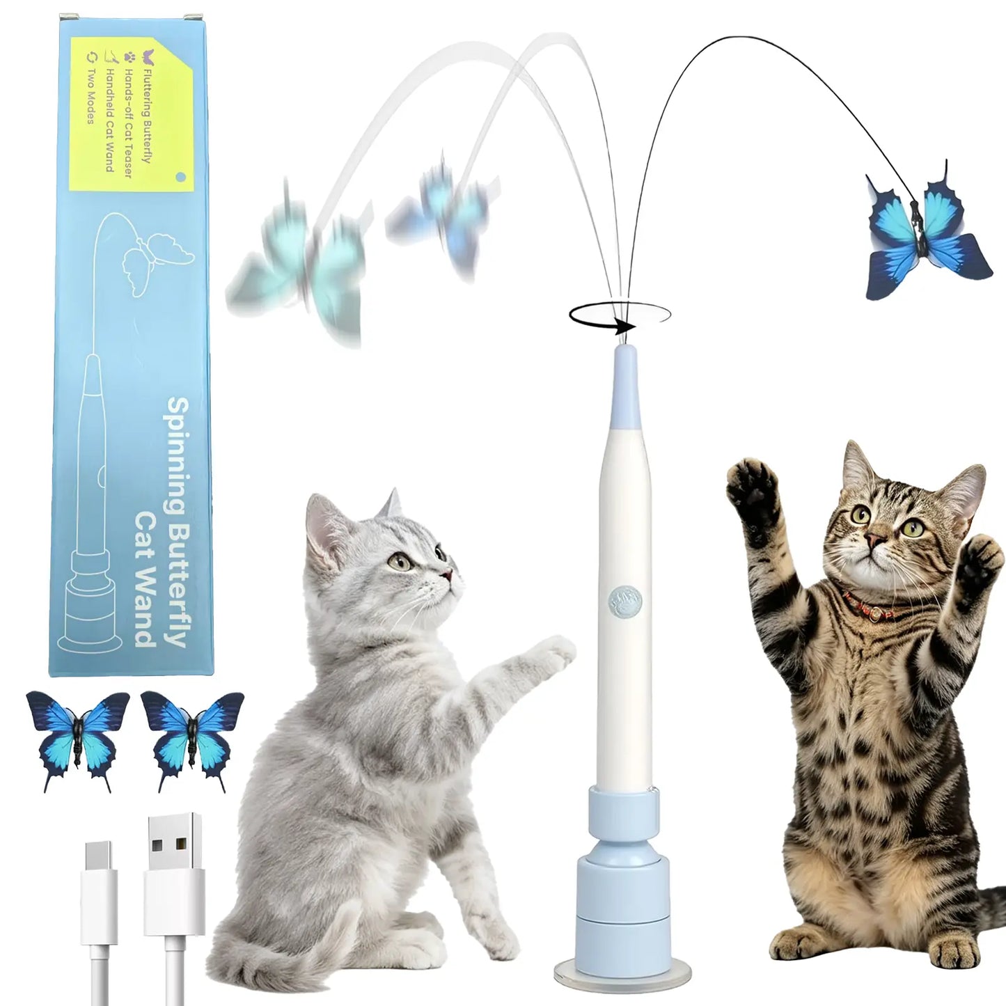 Rotating Butterfly Interactive Cat Toy - USB Rechargeable Automatic Teaser, 360° Spin, Random Movement, Steel Wire, Self-Play & Handheld Modes, Durable Suction Cup, Universal Fit, Interactive Toy for Kittens & Adult Cats