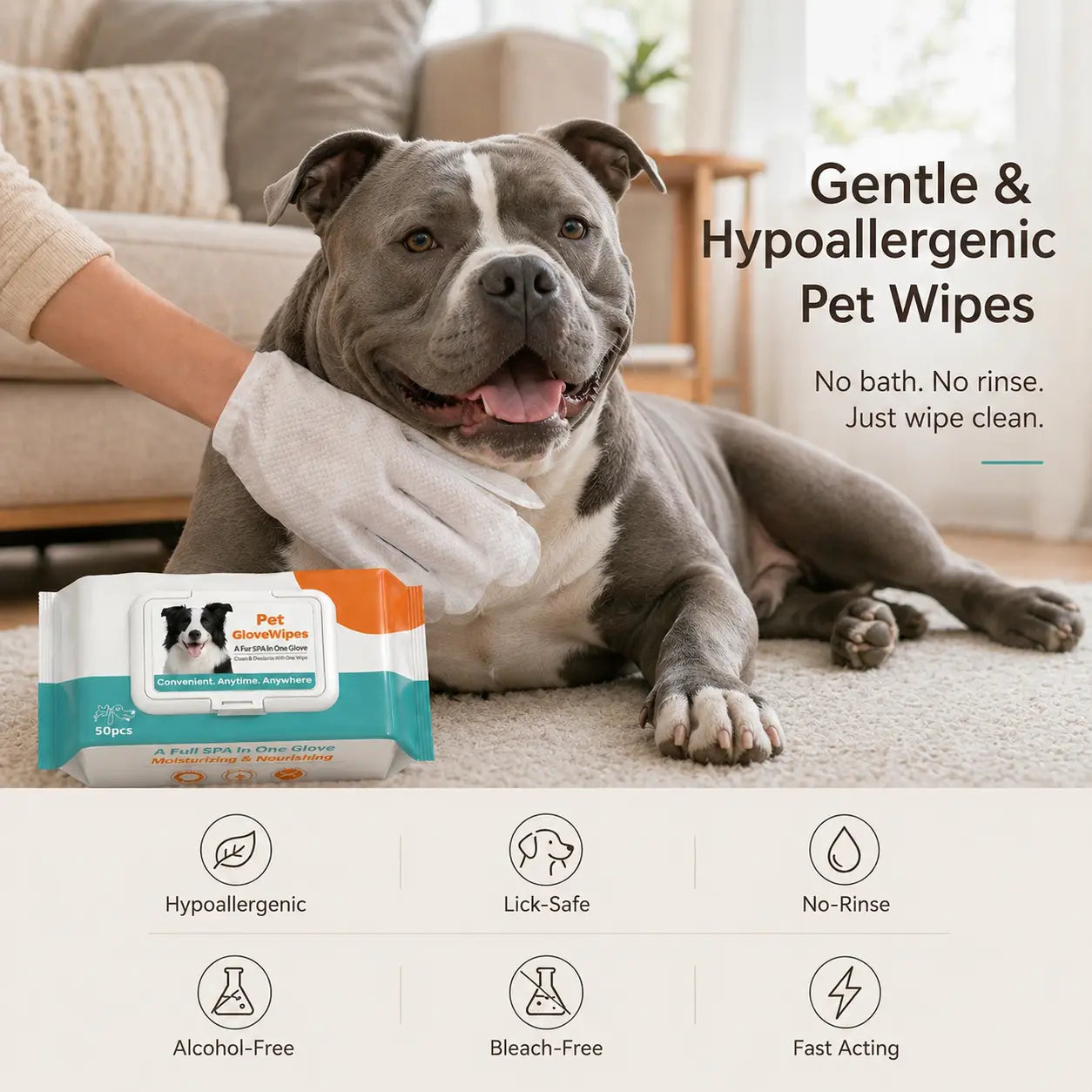 50 Count Pet Grooming Wipes Value Pack, Extra Large Disposable Glove Wipes with Jojoba Oil, Hypoallergenic No-Rinse Deodorizing Wipes for Dogs, Mess-Free Paw Care, Dirt Removal & Outdoor Cleaning