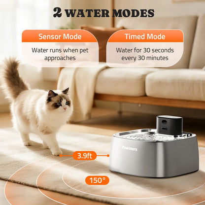 Pawtners 108Oz/3.2L Wireless Automatic Water Feeder for Cats & Dogs, Stainless Steel Windowless Safe Drink Dispenser with 150° Motion Sensor, Quiet Pump-Free Leakproof Drinking Water Bowl with Smart Indicator Light