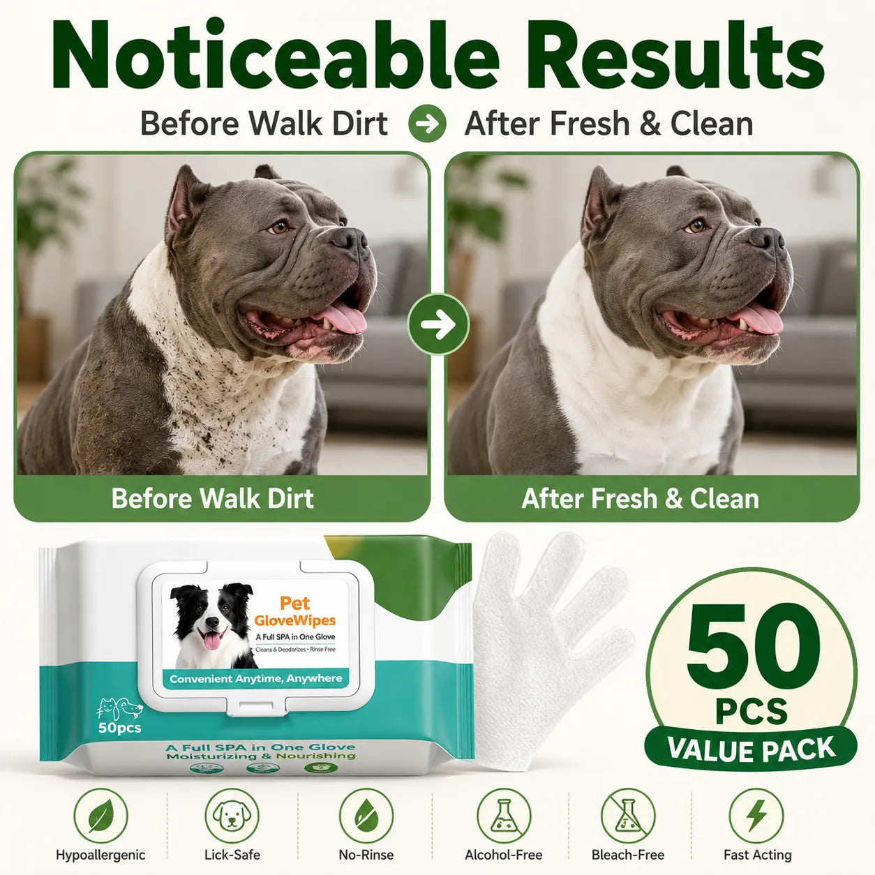 50 Count Pet Grooming Wipes Value Pack, Extra Large Disposable Glove Wipes with Jojoba Oil, Hypoallergenic No-Rinse Deodorizing Wipes for Dogs, Mess-Free Paw Care, Dirt Removal & Outdoor Cleaning