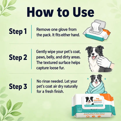 50 Count Pet Grooming Wipes Value Pack, Extra Large Disposable Glove Wipes with Jojoba Oil, Hypoallergenic No-Rinse Deodorizing Wipes for Dogs, Mess-Free Paw Care, Dirt Removal & Outdoor Cleaning